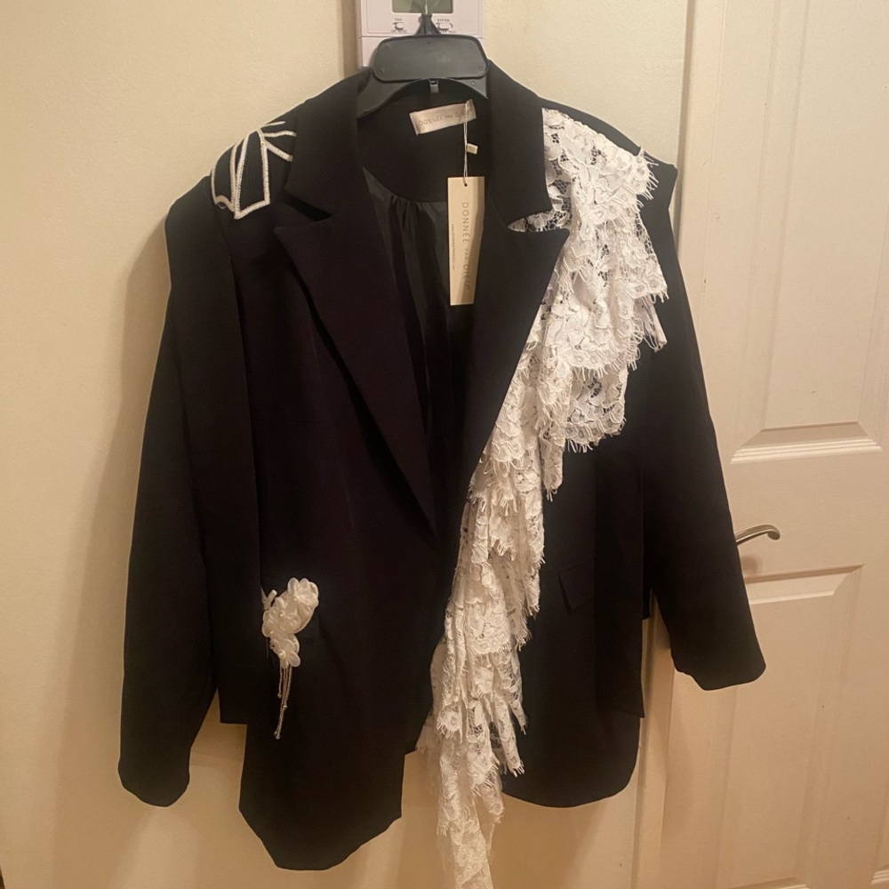 Black Blazer with White Lace Trim - Designer Style by DONNEE PAR DIEU